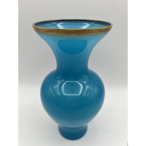 French Blue Opaline Glass Vase Baluster Shape & Flare Rim with Gold Band 8.25” - Picture 2 of 12